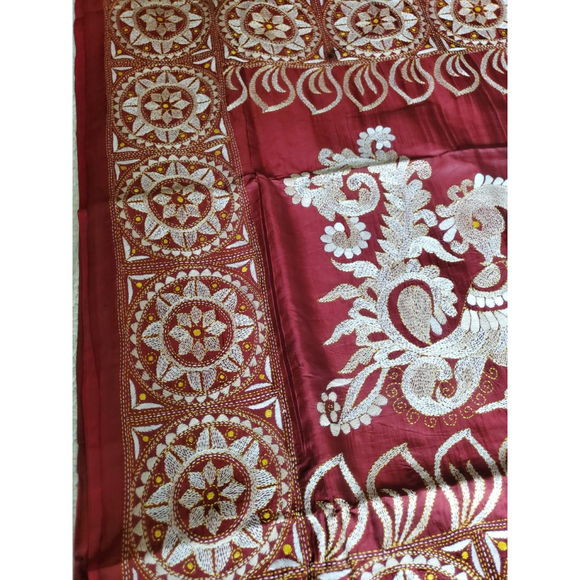 New Women Pure Silk Designer Kantha Saree W BP Kalamkari Festive HandloomWedding - Picture 8 of 15